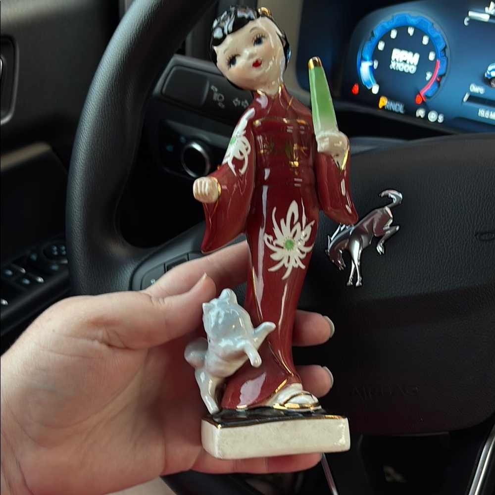 Vintage Mid Century Geisha Figurine Red Kimono Girl with Dog 8” Tall Decor